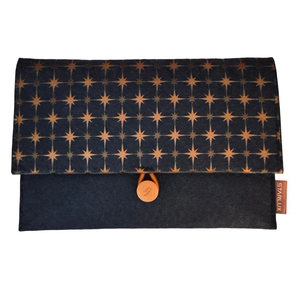 Starlux Airlines Navy Blue Felt Celestial Star Pouch Amenity Kit Wood Button 8x5